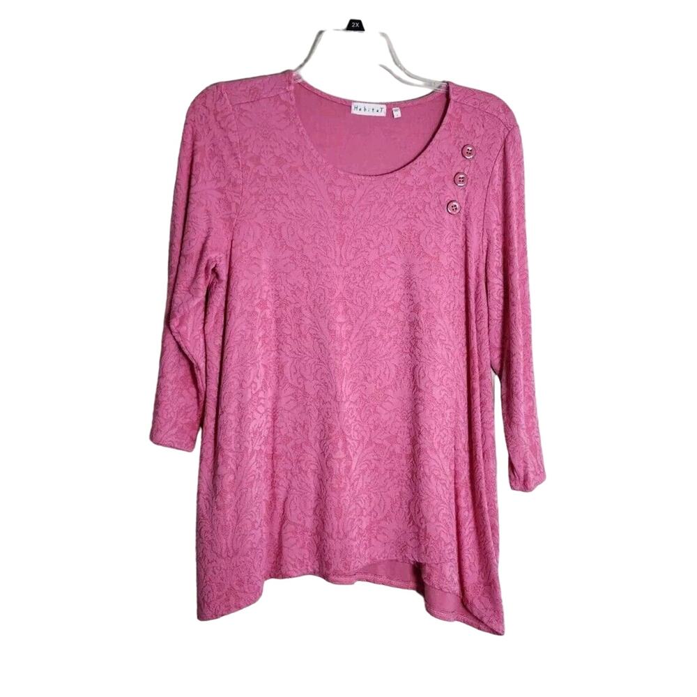 Habitat Tunic Sweater‎ Size Large Pink Textured Floral 3/4 Sleeve Button Detail
